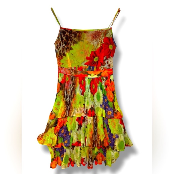 Simon Chang Multi-Color Neon Floral Tiered Dress Sz 8‎ EUC - Picture 1 of 8